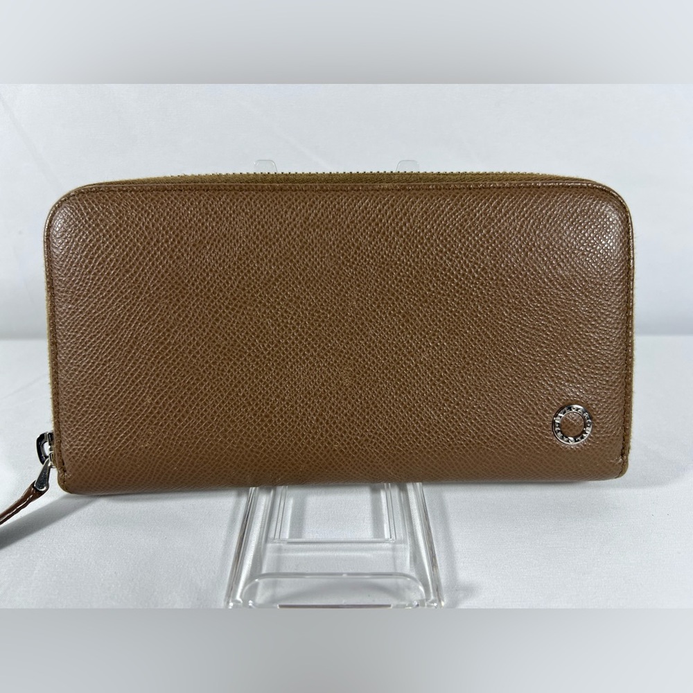 1146: BVLGARI Brown Grained Leather Zip Around Continental Wallet